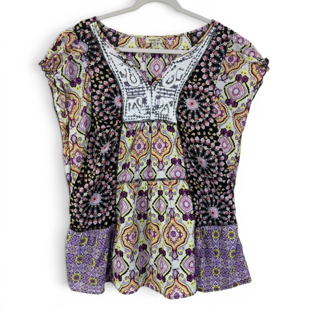 boho festival patchwork embroidered hippie peasant blouse xl by one world
